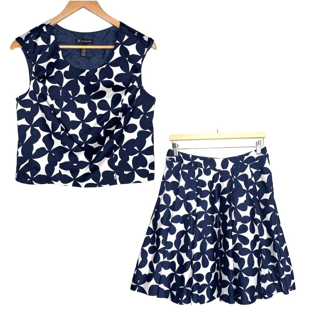 INC International Concepts top skirt set abstract butterfly navy blue white